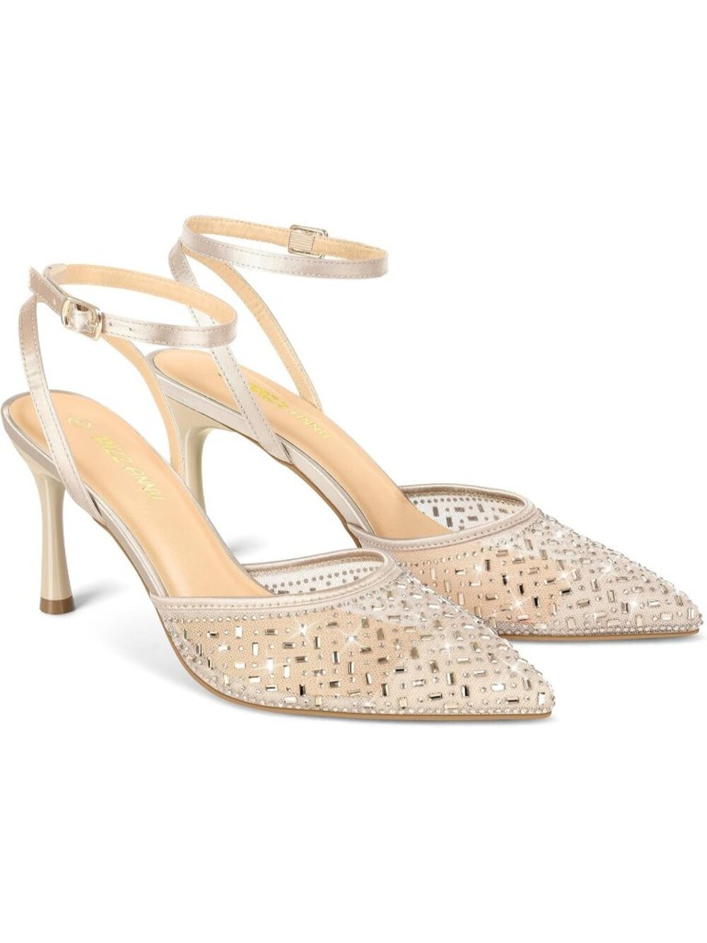 Women's Apricot Faux Leather Mesh Sparkly Closed Toes Heels With Ankle Strap - Picture 4 of 5
